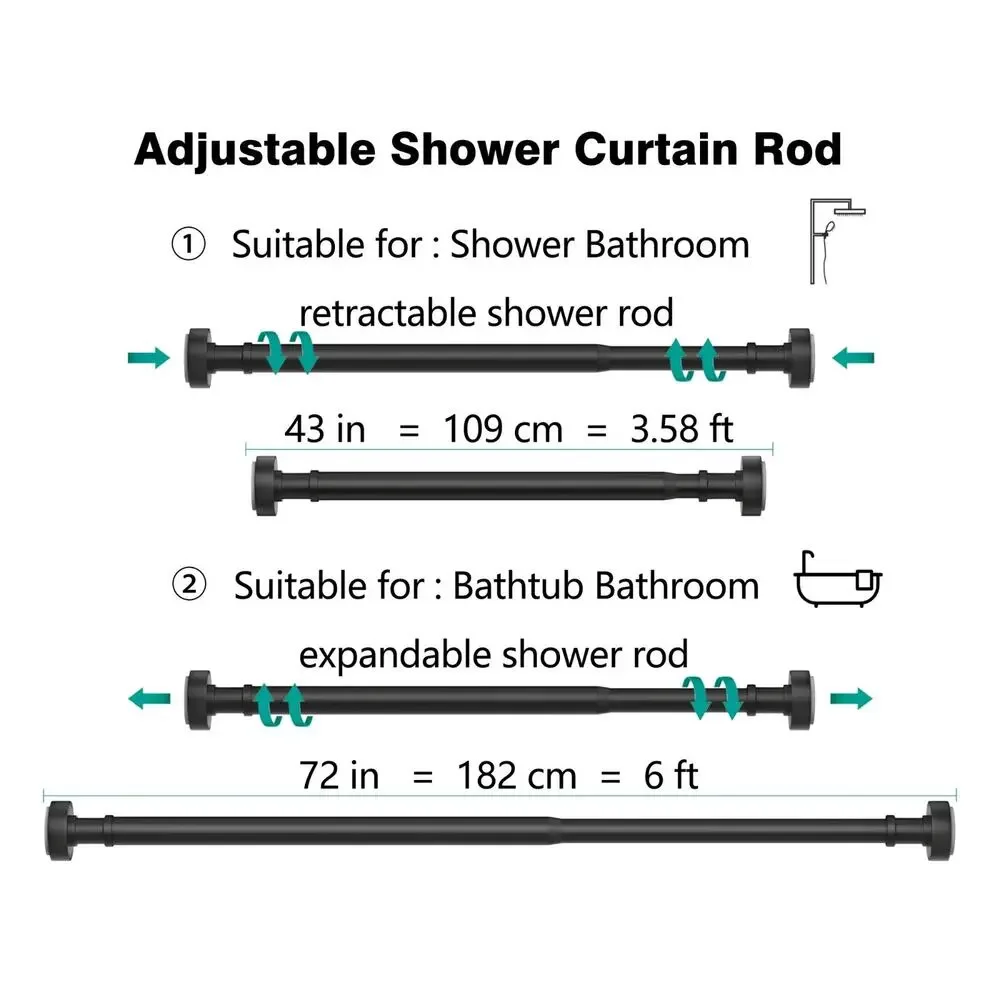 BloomFlower Black Shower Curtain Rod,43''-72'' Never Rust Adjustable Tension Rod